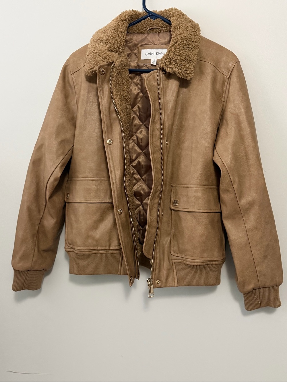 Calvin Klein Women's brown Faux-Fur-Collar Faux-Leather Bomber Coat, XS NWOT